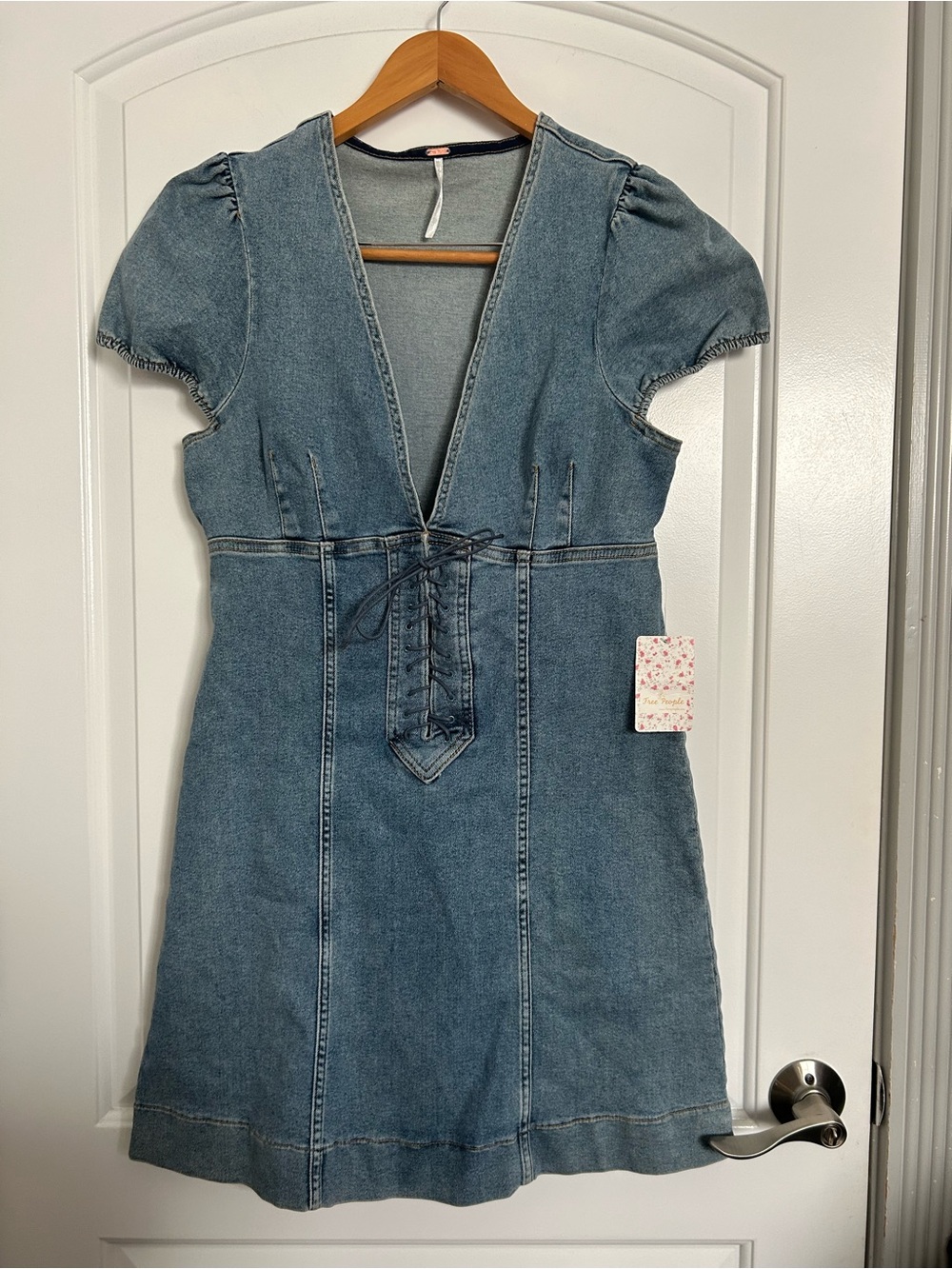 Free People Something Sweet Denim Mini Dress Size 12 NWT Western Fall 90s Chic